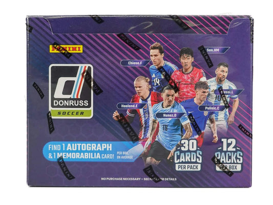 Purple Donruss Soccer Hobby Box featuring Rated Rookies and guaranteed memorabilia card