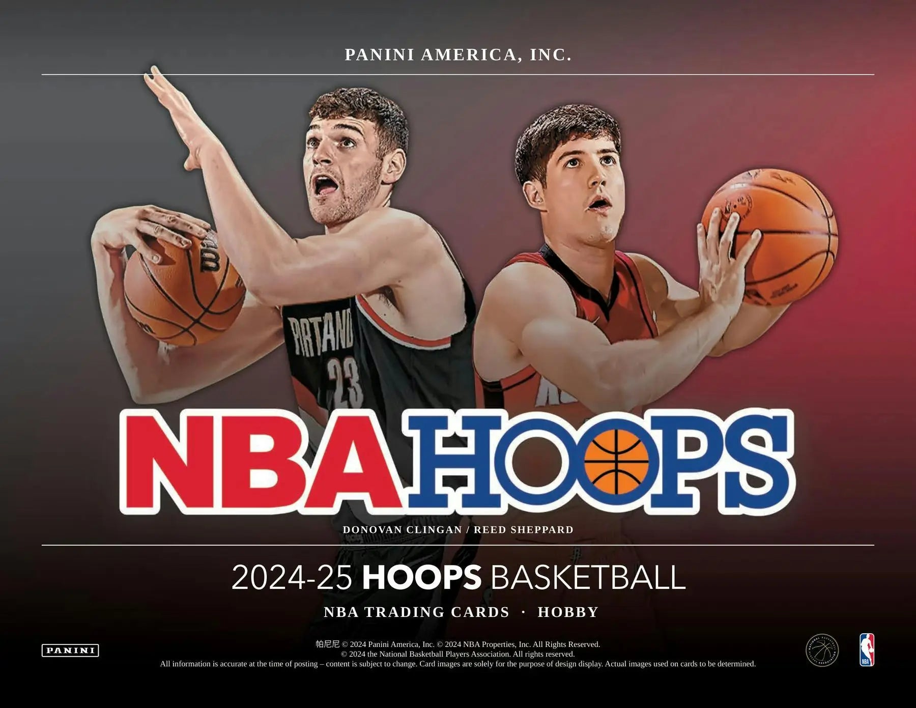 2024-25 Panini Hoops Basketball Hobby Box ad featuring players and hoops art signatures