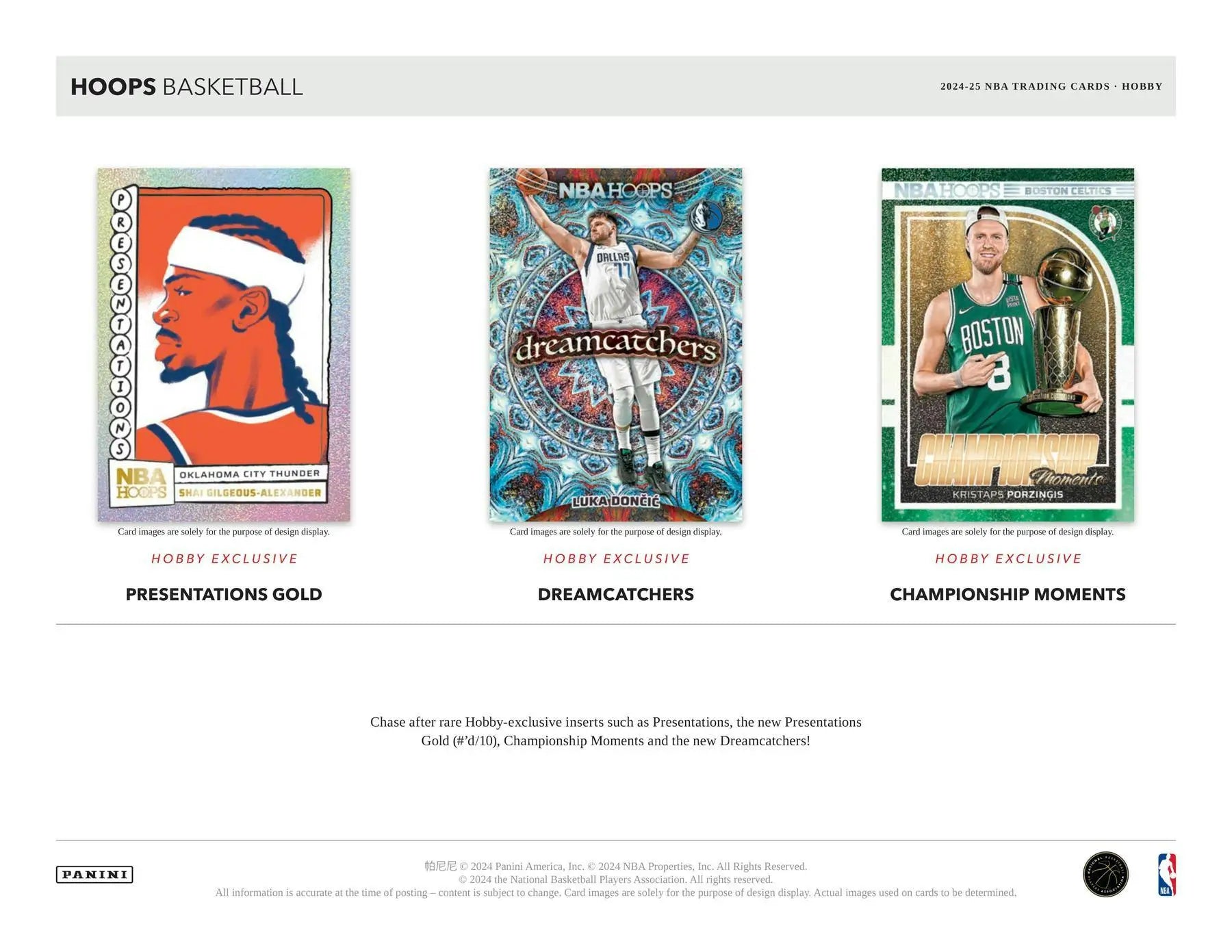 Three basketball trading cards from the 2024-25 Panini Hoops featuring artist proof designs