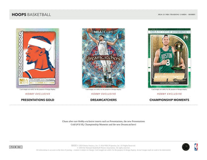 Three basketball trading cards from the 2024-25 Panini Hoops featuring artist proof designs