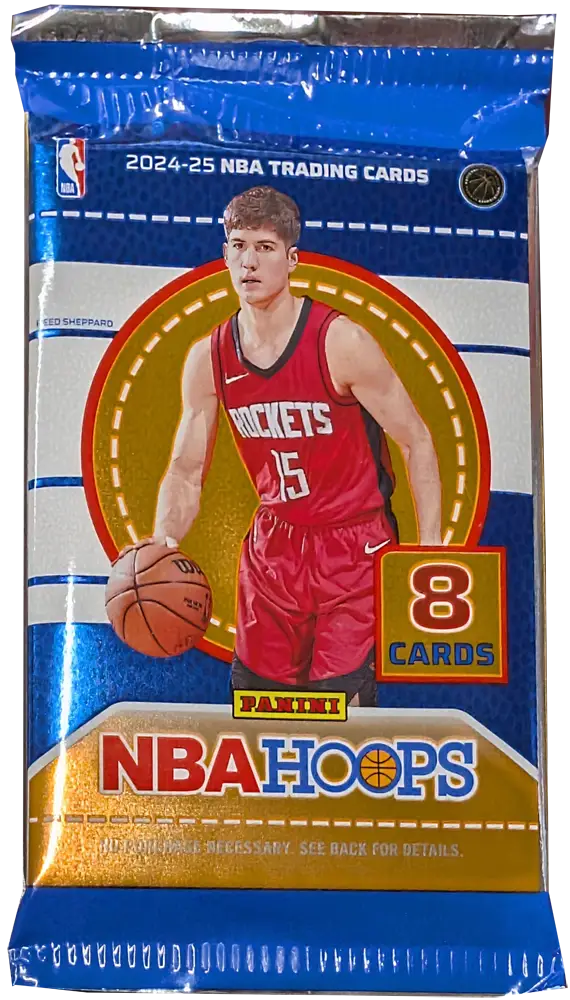 Sealed pack of 2024-25 Panini Hoops trading cards with Rockets player in red jersey