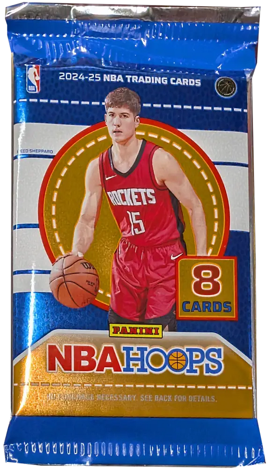 Sealed pack of 2024-25 Panini Hoops trading cards with Rockets player in red jersey