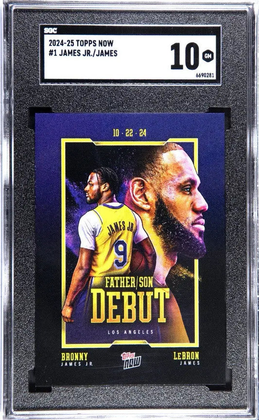 Graded Bronny James and LeBron James trading card from 2024-25 Topps Now SGC 10