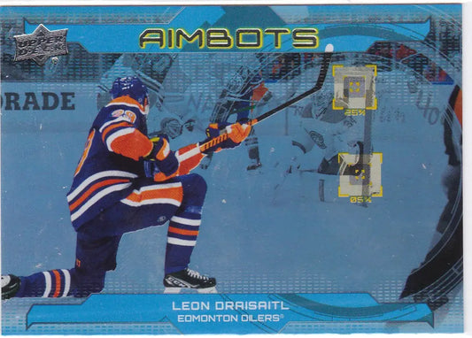 Hockey player in Edmonton Oilers jersey shooting on goal for Leon Draisaitl Aimbots Upper Deck