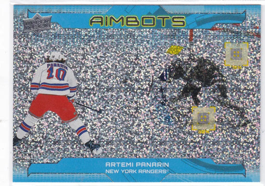 Hockey player in New York Rangers uniform shooting puck for Upper Deck Artemi Panarin Aimbots Speckle