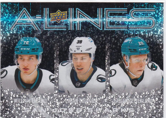 Hockey trading card of San Jose Sharks players Eklund, Couture, and Zetterland