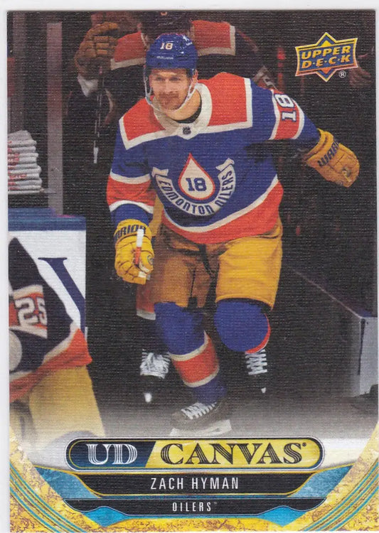 Hockey player in colorful jersey skating on ice for Hyman UD Canvas Upper Deck card