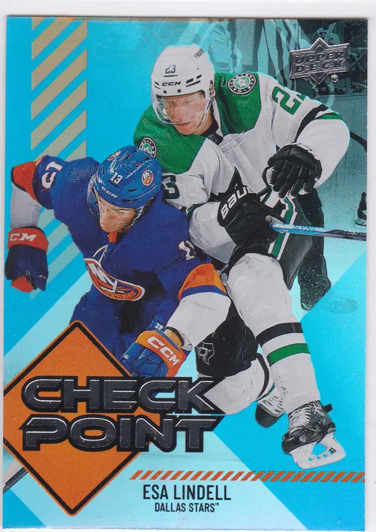 Hockey trading card of Esa Lindell from Dallas Stars battling in Check Point Dallas design