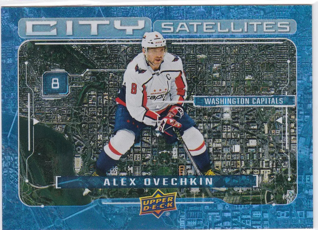 Hockey player in white Capitals jersey for Ovechkin City Satellites collection