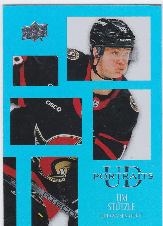 Hockey trading card of Tim Stutzle, Upper Deck UD Portrait on turquoise background