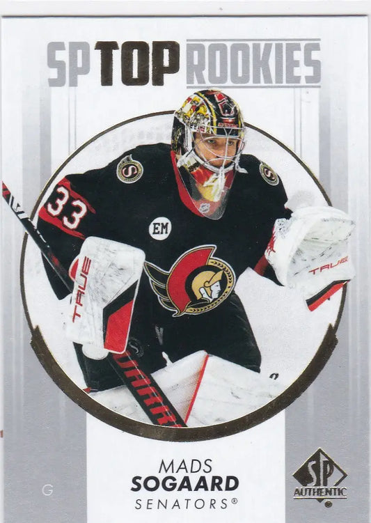 Hockey trading card of Mads Sogaard in Ottawa Senators jersey from Upper Deck Rookies Ottawa