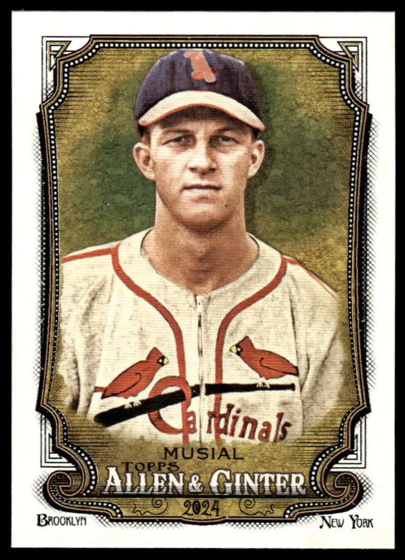 Vintage baseball card of Stan Musial in St. Louis Cardinals uniform with red trim