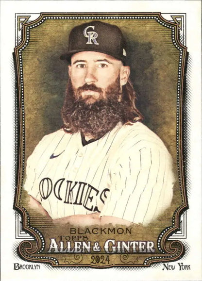 Baseball card of Charlie Blackmon in Colorado Rockies pinstriped uniform with beard