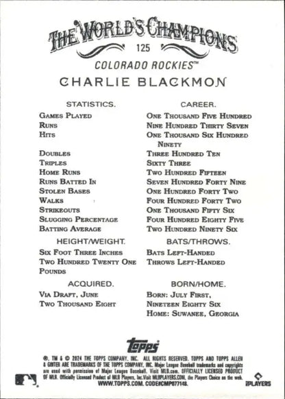 Baseball card back of Charlie Blackmon showing career stats for Colorado Rockies