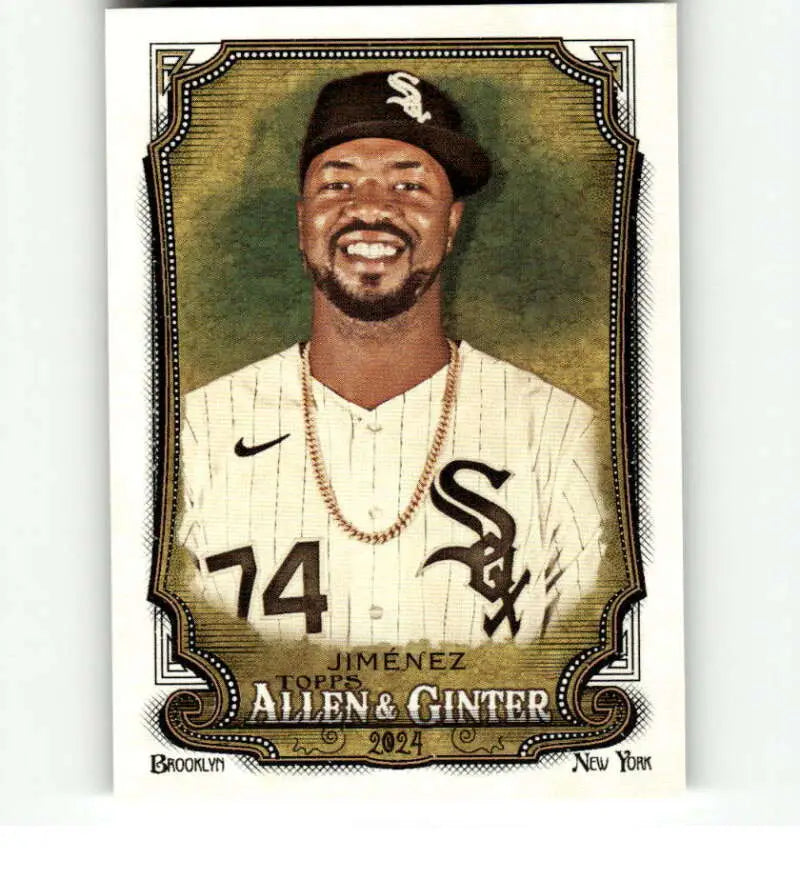 Baseball card of Eloy Jimenez in Chicago White Sox jersey number 74 with gold chain