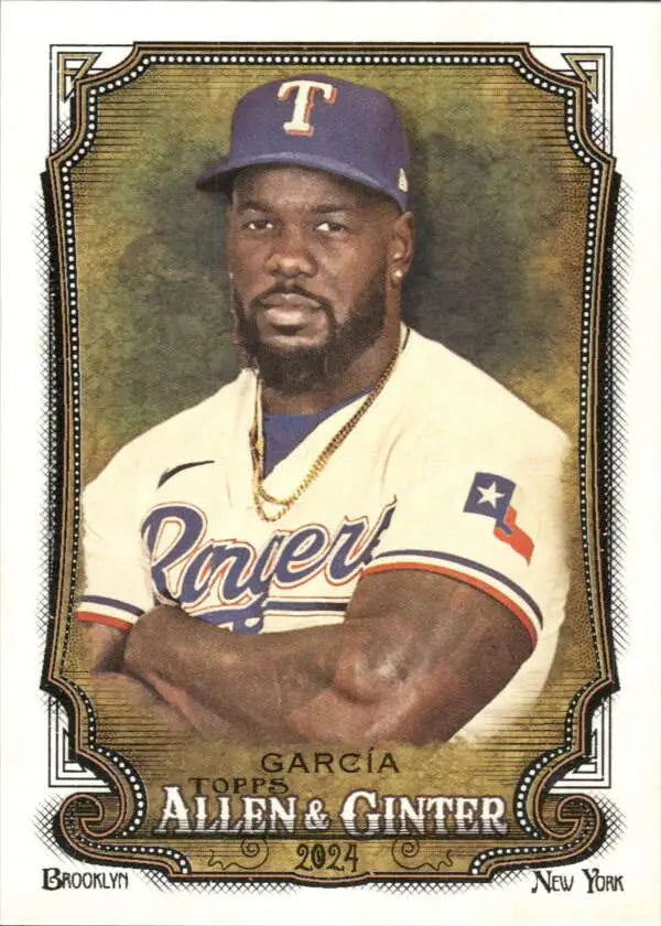 Adolis Garcia Texas Rangers baseball card featuring player in home white jersey and blue cap