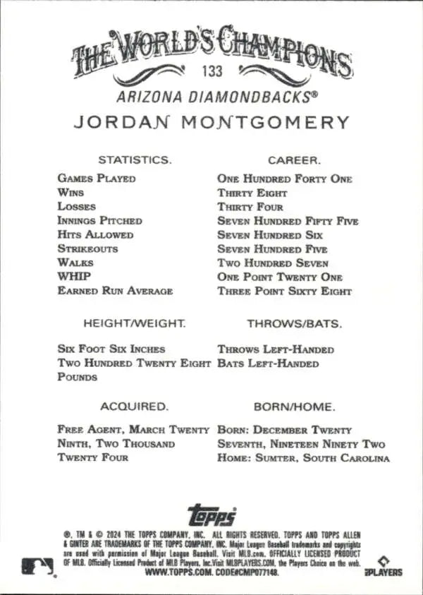 Jordan Montgomery Arizona Diamondbacks baseball card showcasing player statistics and info