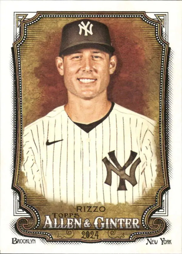 Baseball card of Anthony Rizzo in New York Yankees pinstripe uniform and cap