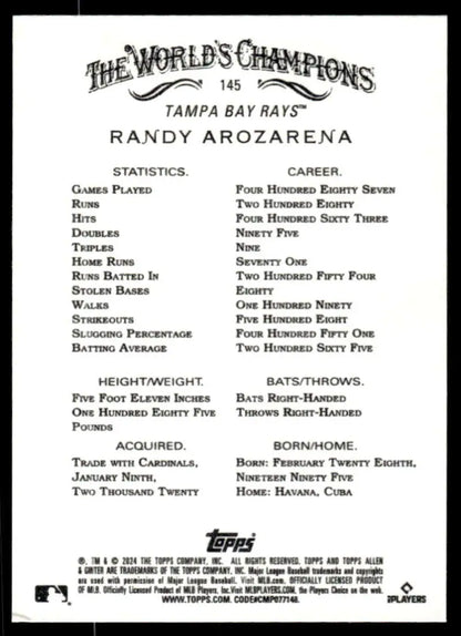 Back of 2024 Allen & Ginter Randy Arozarena card showing Tampa Bay Rays statistics