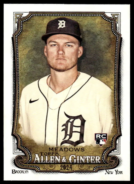 Baseball card of Parker Meadows in Detroit Tigers home uniform with D logo