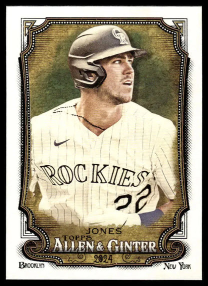 Baseball card of Nolan Jones in a Colorado Rockies pinstriped uniform from Allen & Ginter