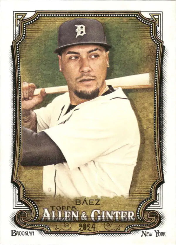 Javier Baez in batting stance on a Detroit Tigers baseball card from 2024 Allen & Ginter