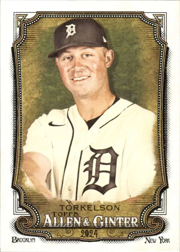 Baseball card of Spencer Torkelson in Detroit Tigers white jersey with classic D logo