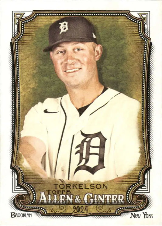 Baseball card of Spencer Torkelson in Detroit Tigers white jersey with classic D logo