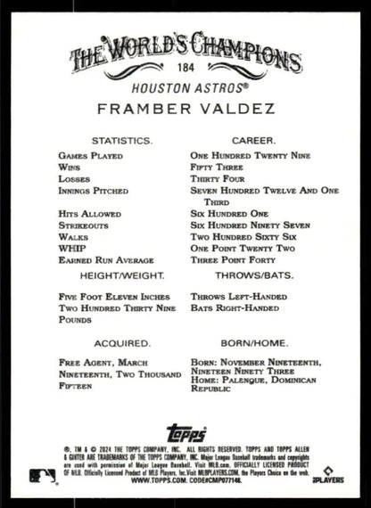 Framber Valdez baseball card featuring stats and information for Houston Astros player