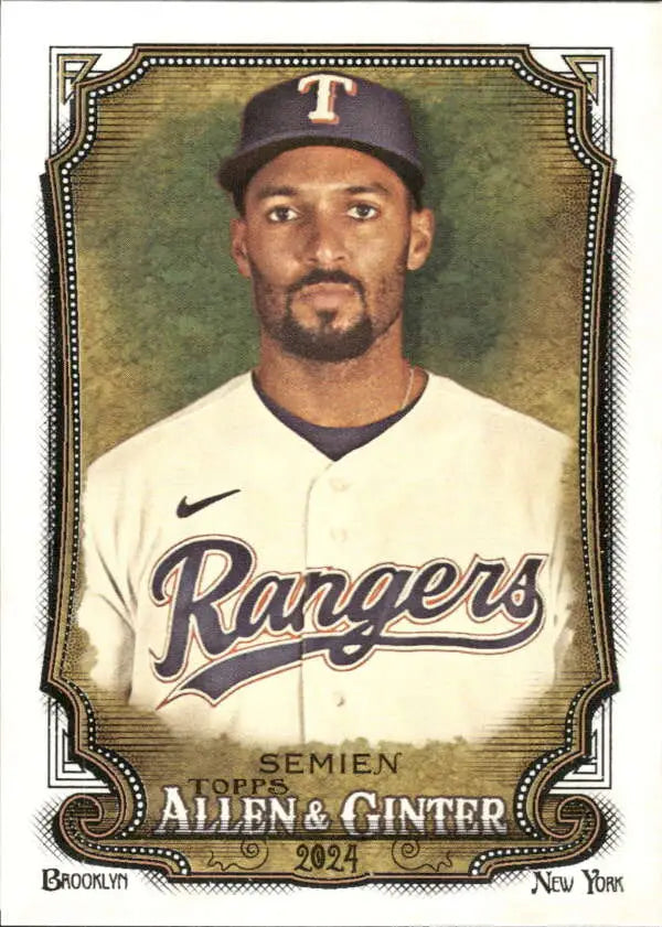 Texas Rangers baseball card of Marcus Semien in white jersey and navy cap