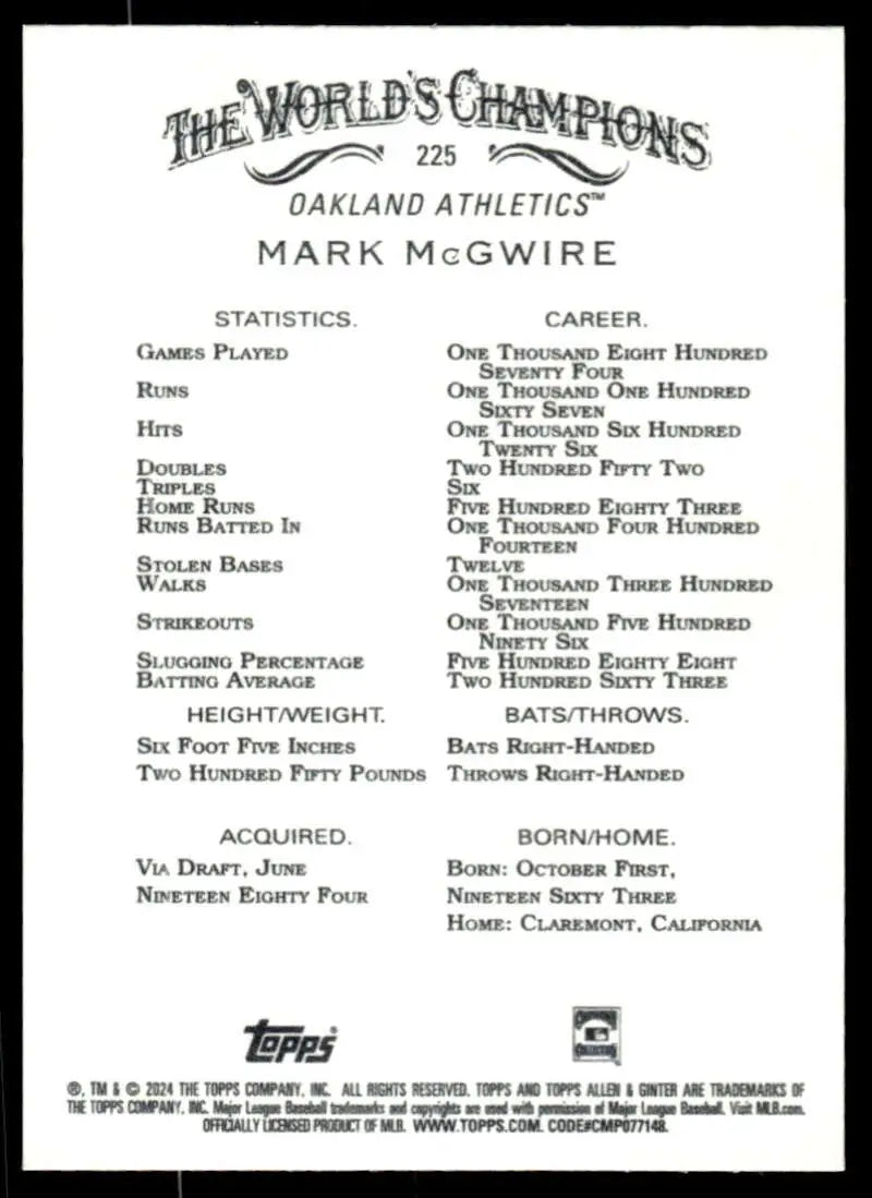 Mark McGwire career statistics on 2024 Allen & Ginter Oakland Athletics Baseball Card