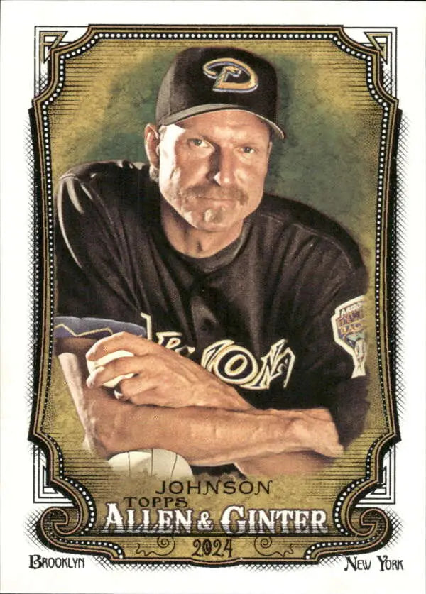 Baseball card of Randy Johnson in black uniform for Arizona Diamondbacks baseball