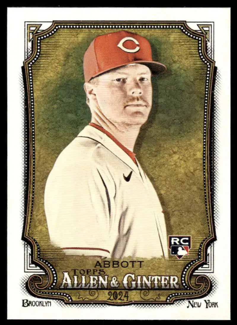 Baseball card of Andrew Abbott, Cincinnati Reds pitcher in white uniform and red cap