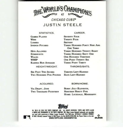 Justin Steele Chicago Cubs baseball card featuring statistics and career highlights