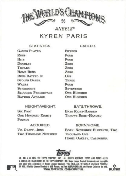 Baseball card of Kyren Paris showcasing Los Angeles Angels stats and biography