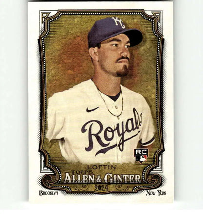 Baseball card of Nick Loftin in a white Kansas City Royals jersey and navy cap