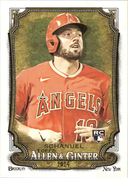 Baseball card of Nolan Schanuel in red Los Angeles Angels uniform and helmet