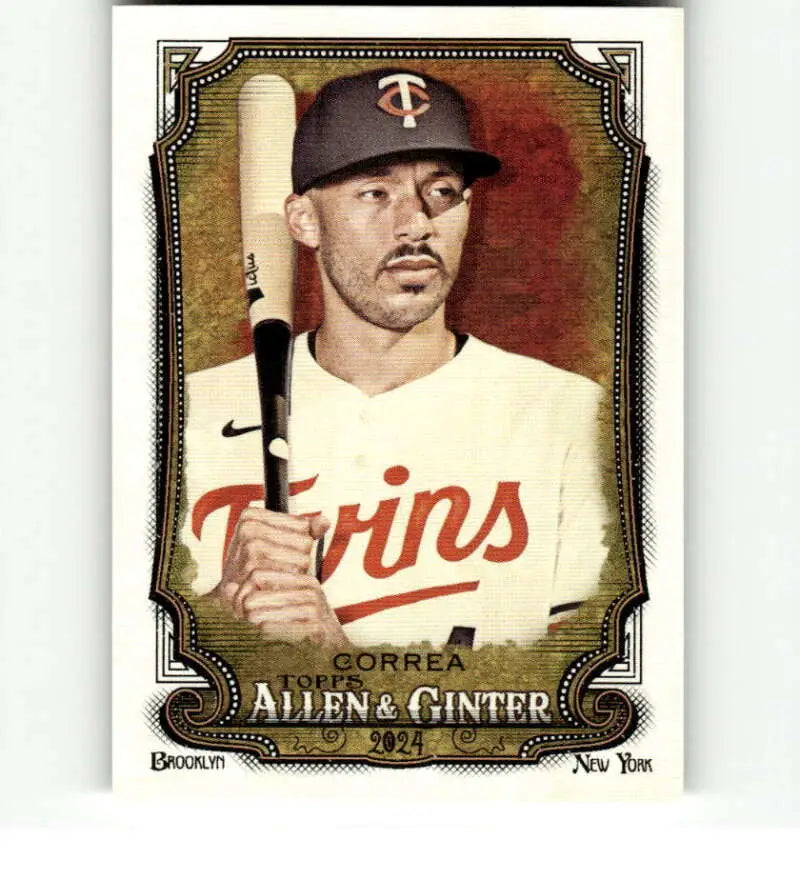 Carlos Correa Minnesota Twins player in home uniform with bat on baseball card