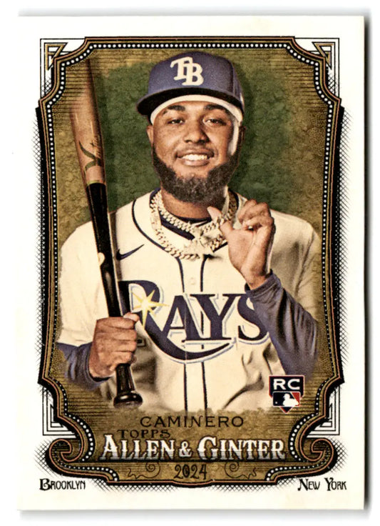 Baseball card of Junior Caminero in Tampa Bay Rays home uniform with bat