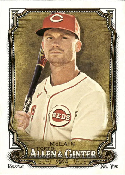 Baseball player Matt McLain in Cincinnati Reds uniform holding bat for baseball card