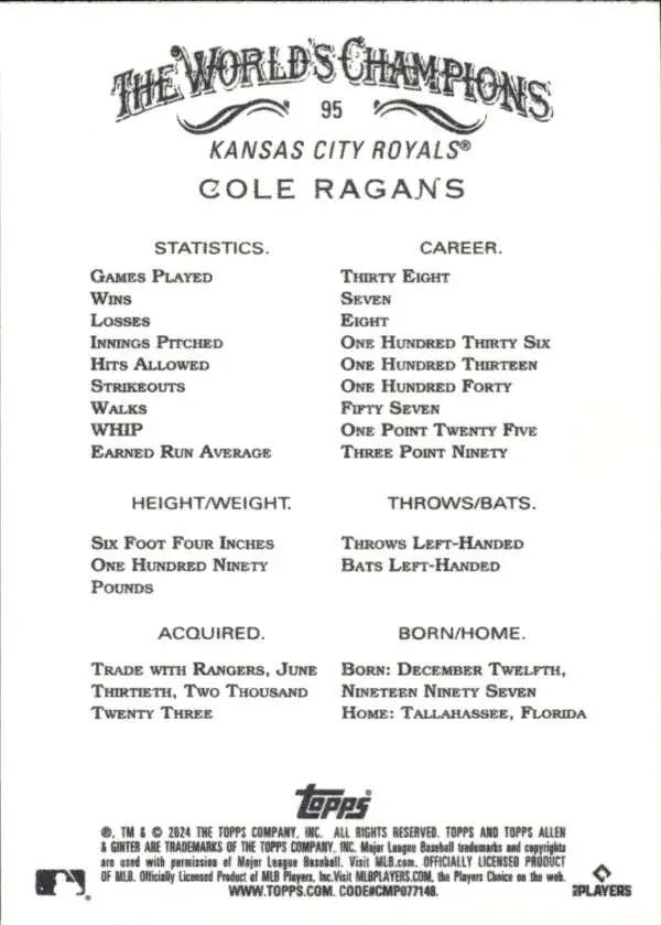 2024 Allen & Ginter Cole Ragans Baseball Card with Kansas City Royals statistics and info