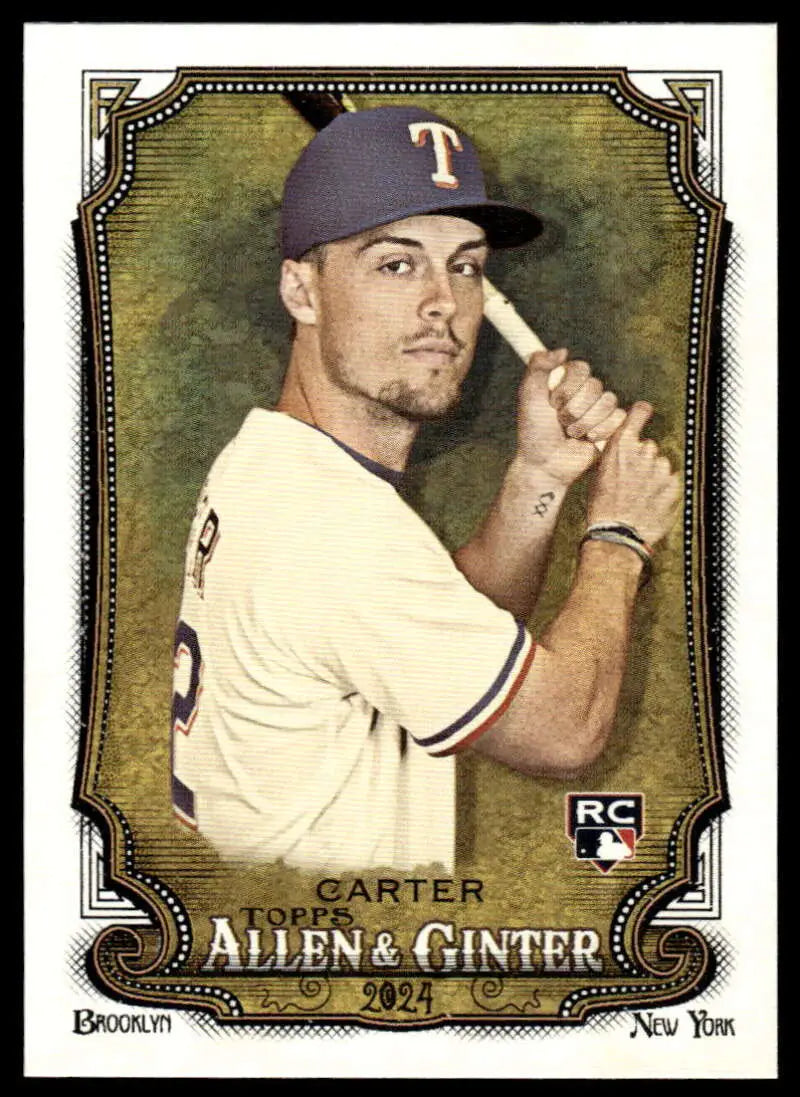 Evan Carter Texas Rangers Baseball Card from 2024 Allen & Ginter set in batting stance