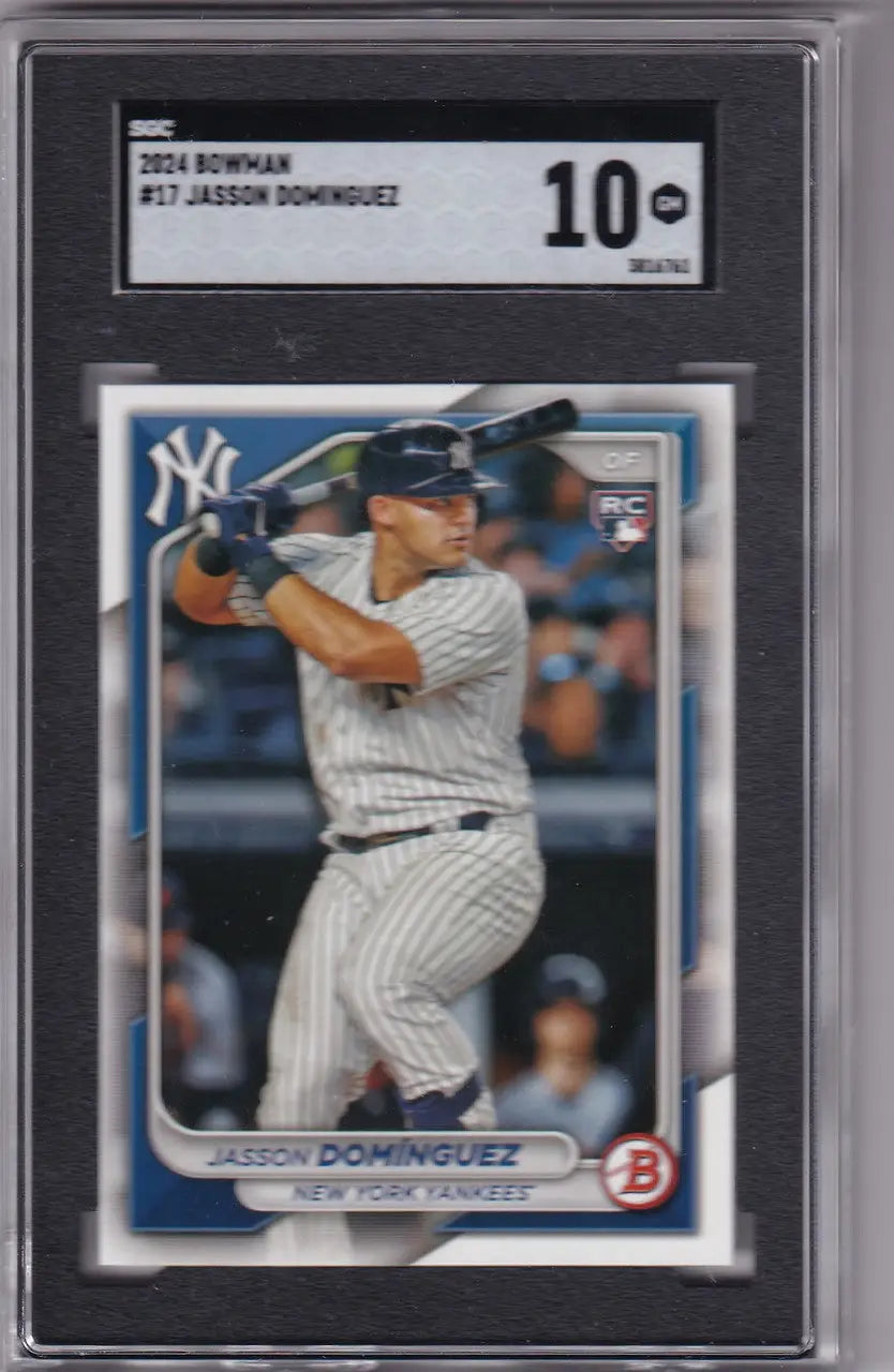 Graded 2024 Bowman #17 Jasson Dominguez SGC card featuring Yankees player in pinstripes