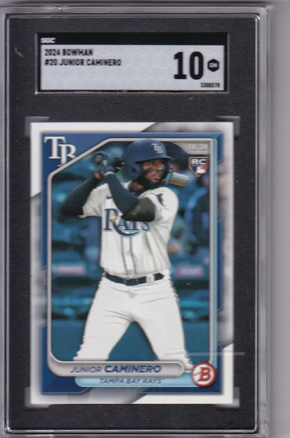 Graded baseball card of Junior Caminero SGC in Tampa Bay Rays uniform batting stance