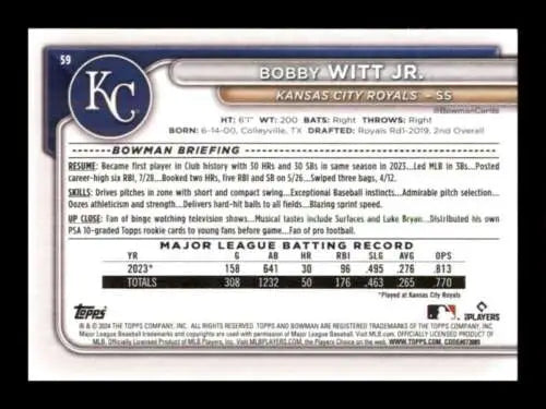 Bobby Witt Jr. baseball card from 2024 Bowman #59 with original gloss and Royals design