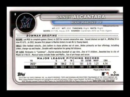 2024 Bowman #8 Sandy Alcantara baseball card showcasing original gloss in NM-MT condition