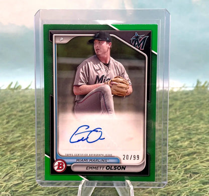 Emmett Olson autographed baseball card from 2024 Bowman Autographs Green Auto /99 Miami Marlins