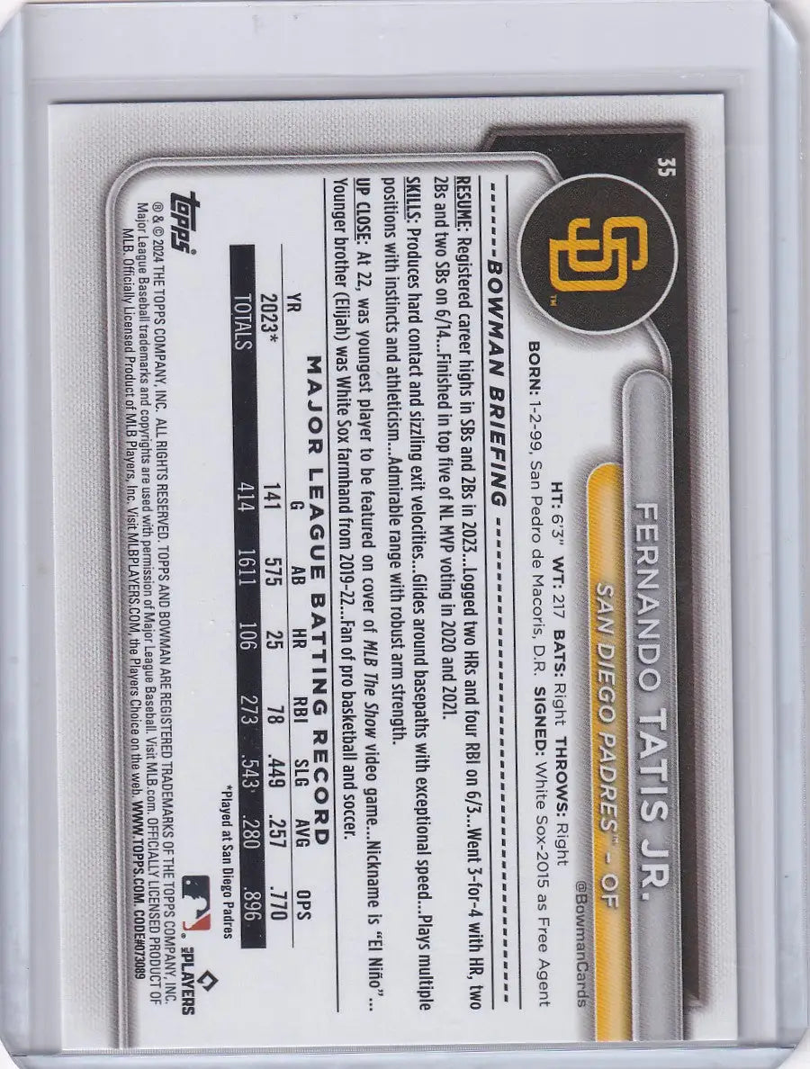 Back of 2024 Bowman Baseball card with statistics for Fernando Tatis Jr., San Diego Padres