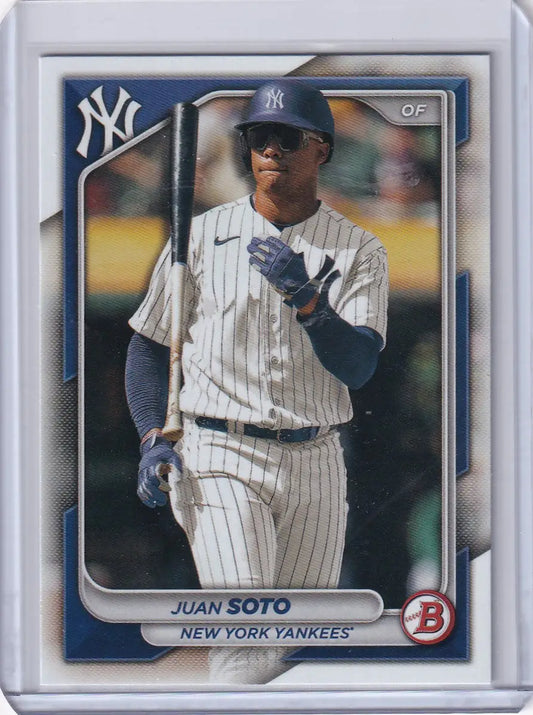 Baseball card of Juan Soto in a New York Yankees pinstriped uniform from Bowman Baseball