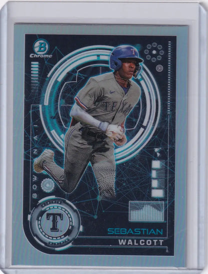 2024 Bowman Baseball card of Sebastian Walcott in Texas Rangers road uniform with design